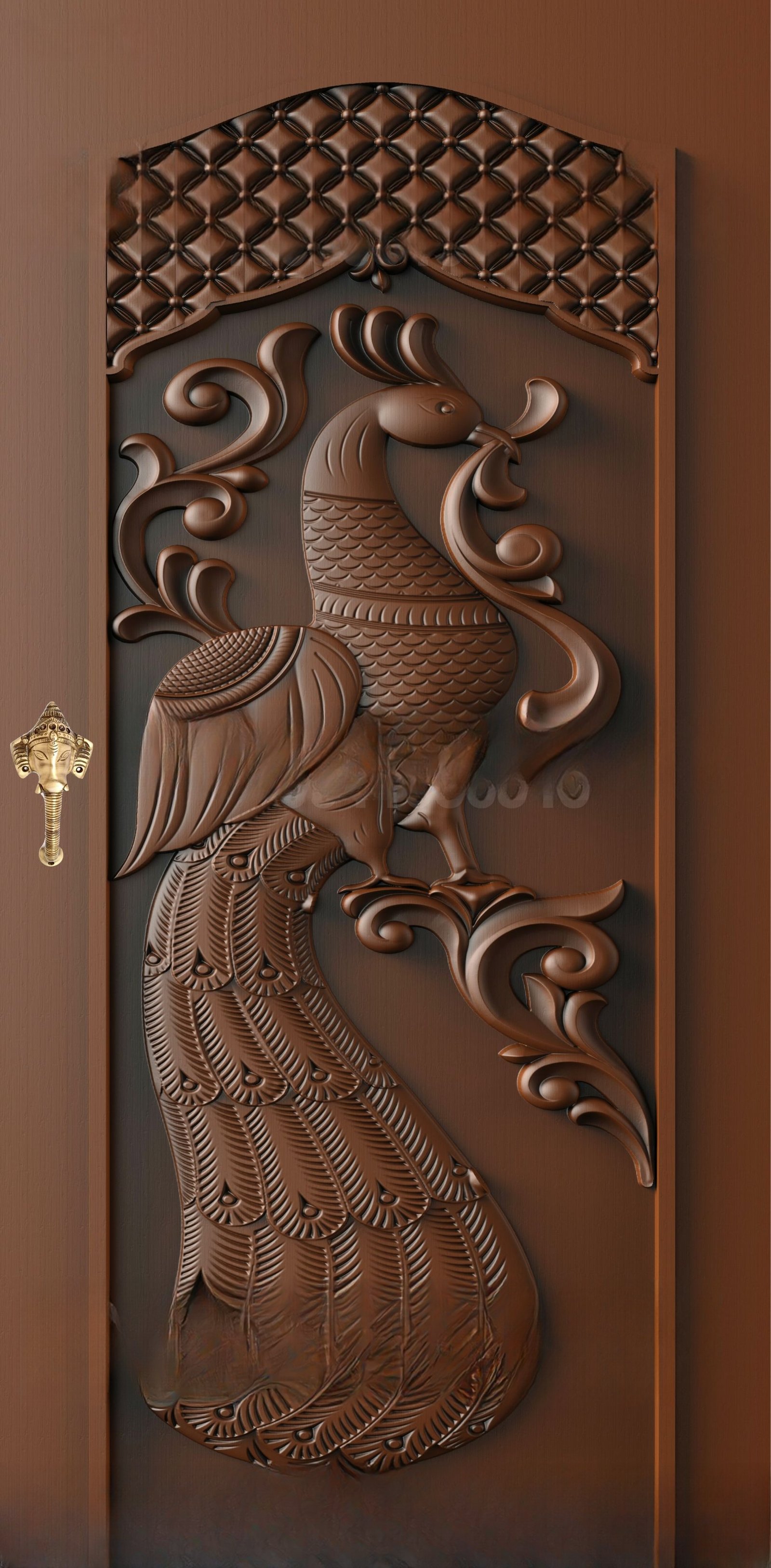 God Doors - GD-25 Peacock Motif Traditional Wood Carving 3D Model